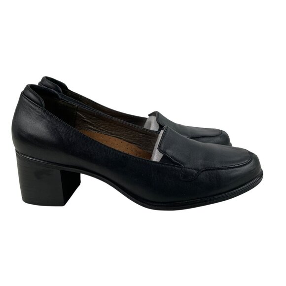Hush Puppies Bebe Black Leather Block Heel Shoes Ladies Womens Size 9.5M - Picture 2 of 13